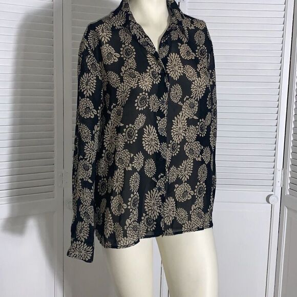 Vintage 90’s Sheer Black Floral All Over Print Button Down Long Sleeve Shirt Siz - Picture 3 of 11